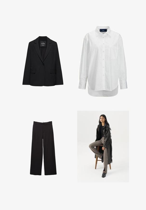 Čierne sako na mieru s jedným gombíkom, výrezmi na klopách a klopovými vreckami, označené značkou Pull&Bear, zobrazené na bielom pozadí.; Biele dlhé rukávy košele z hladkej bavlny s golierom na gombíky, prednou vreckom a zakriveným lemom. Obsahuje zadný diel pre zvýšenú štruktúru.; Čierne nohavice so širokými nohavicami, s prednými záhybmi a pútkami na opasok, prispôsobený strih, stredne vysoký pás a skryté predné zapínanie.; Čierny kožený trenčkot s gombíkmi a detailom pásu, v kombinácii so svetlohnedými priliehavými nohavicami a čiernymi mokasínami, posadený na drevenej stoličke.