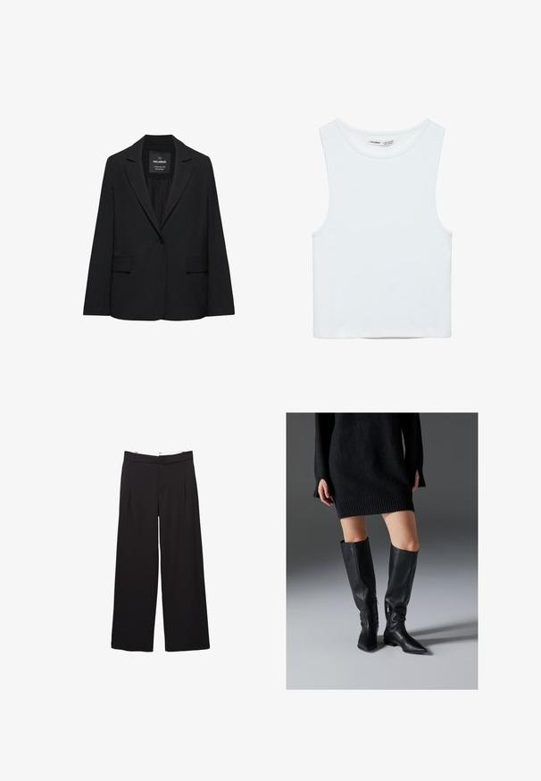 Sort skræddersyet blazer med enkeltknaplukning, skrå kraver og klaplommer, mærket Pull&Bear, vist på en hvid baggrund.; Hvid ærmeløs crop top med rund halsudskæring, lavet af glat stof, mærket Pull&Bear, egnet til afslappet brug.; Sorte bukser med vide ben, fordele foran og bæltestropper, skræddersyet pasform, talje i mellemhøjde og skjult lukning foran.; Sorte læderstøvler over knæet med spidse tæer, flade såler og lynlåse i siden. Glat tekstur, elegant design uden pynt.