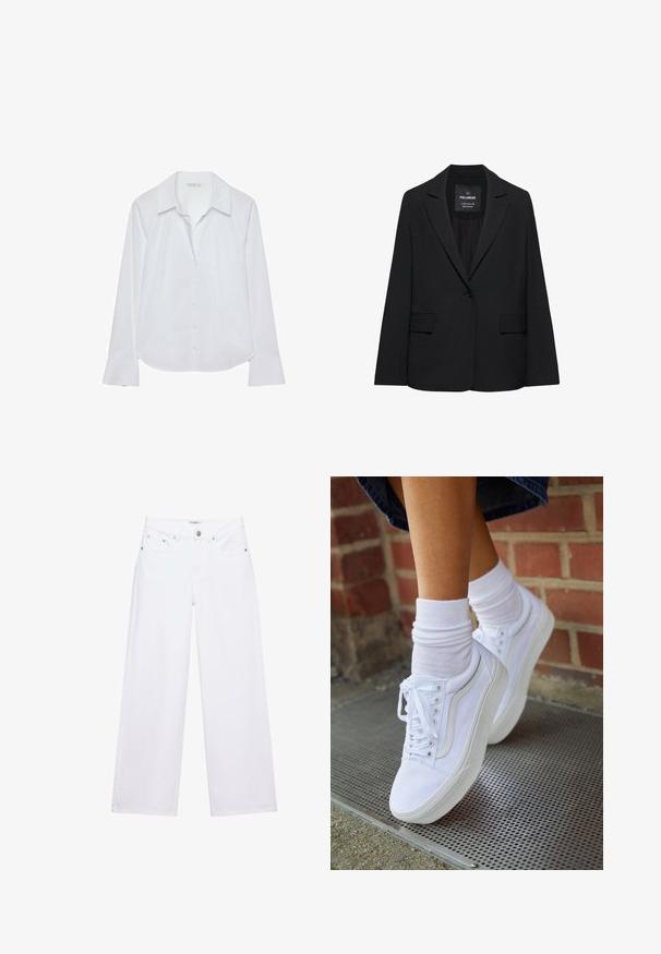 Blazer noir sur mesure avec fermeture à un bouton, revers crantés et poches à rabat, étiquette Pull&Bear, présenté sur fond blanc.; Chemise blanche à manches longues avec un col classique, une fermeture boutonnée sur le devant et des poignets légèrement évasés, confectionnée dans un tissu lisse avec un léger éclat.; Jean blanc taille haute à jambes larges avec fermeture à boutons et zip, poches avant et arrière, et détails en rivets argentés.; Baskets en toile blanches avec semelles en caoutchouc, dotées de six œillets, d'un bout rond et de détails de couture légers, portées avec des chaussettes blanches mi-mollet.