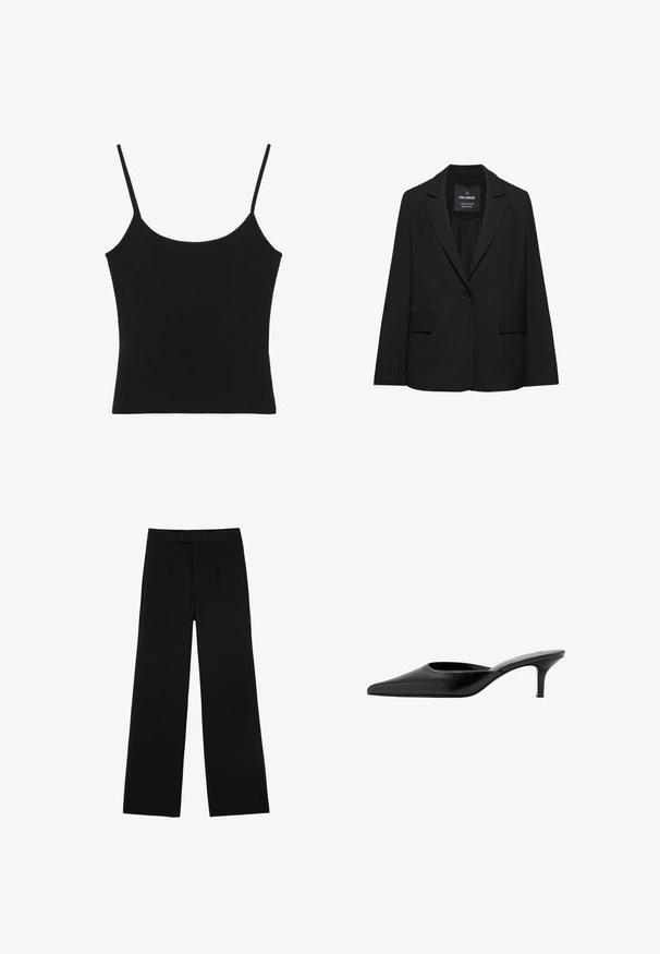 Blazer noir sur mesure avec fermeture à un bouton, revers crantés et poches à rabat, étiquette Pull&Bear, présenté sur fond blanc.; Débardeur noir sans manches pour femme avec fines bretelles spaghetti et ourlet droit.; Pantalons noirs à jambes larges en tissu lisse, dotés d'une fermeture à bouton à l'avant et de deux plis pour un détail supplémentaire. Design ajusté dans l'ensemble.; Mule en cuir noir à bout pointu, avec un petit talon fin et un design sans contrefort pour enfiler facilement.