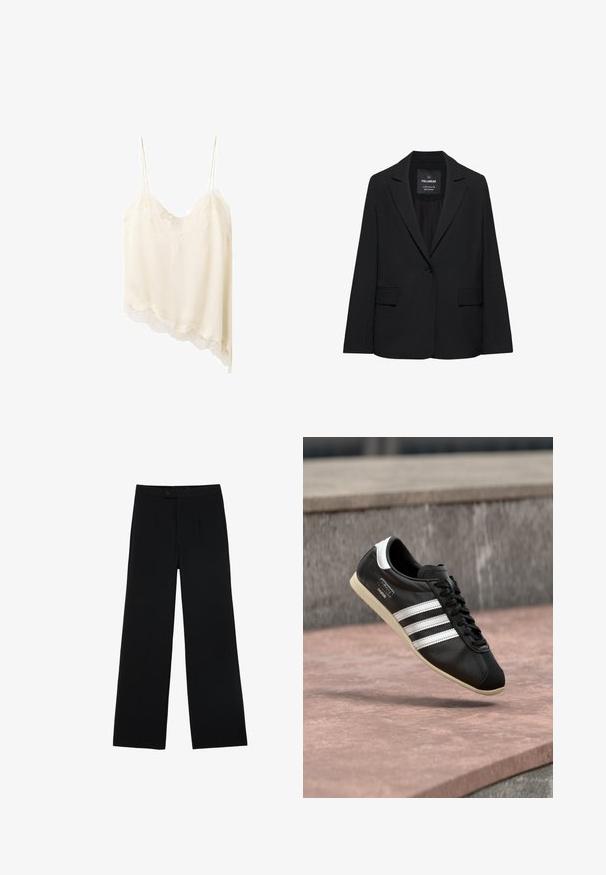 Blazer noir sur mesure avec fermeture à un bouton, revers crantés et poches à rabat, étiquette Pull&Bear, présenté sur fond blanc.; Camisole ivoire avec bordure en dentelle, fines bretelles spaghetti et ourlet asymétrique. Fabriquée en tissu doux et léger avec une texture lisse.; Pantalons noirs à jambes larges en tissu lisse, dotés d'une fermeture à bouton à l'avant et de deux plis pour un détail supplémentaire. Design ajusté dans l'ensemble.; Baskets en cuir noir avec des rayures blanches et une semelle blanche, lacées, flottant au-dessus d'une surface en béton rosée avec un mur en pierre grise en arrière-plan.