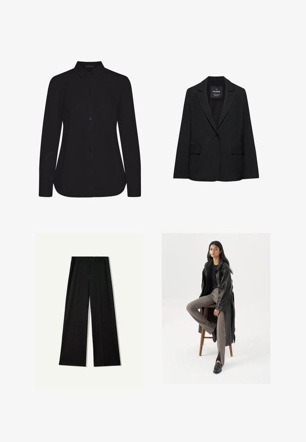 Schwarzer taillierter Blazer mit Ein-Knopf-Verschluss, Revers mit Kerbe und Pattentaschen, mit dem Etikett Pull&Bear, auf weißem Hintergrund dargestellt.; Schwarzes Langarmshirt aus glattem Stoff, mit kragen und Frontknopfleiste, und gerader Saum.; Schwarze Weitbein-Hose mit Bügelfalte vorne, Gürtelschlaufen und Knopfverschluss, flach auf weißem Hintergrund liegend.; Schwarzer Leder-Trenchcoat mit Knöpfen und Gürtel-Detail, kombiniert mit hellbraunen, taillierten Hosen und schwarzen Slippern, sitzt auf einem Holzschemel.