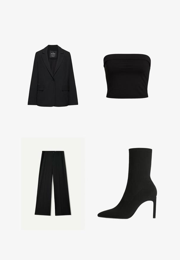 Zwart op maat gemaakte blazer met een enkele knoopsluiting, notch-revers en klepzakken, gelabeld Pull&Bear, weergegeven tegen een witte achtergrond.; Zwarte strapless top met een aansluitend ontwerp, gemaakt van zachte stof, met een gladde textuur en schone randen. Geen aanvullende patronen of accenten.; Bershka WIDE - Broek - black; Zwarte enkelboot gemaakt van zachte suede, met een spitse neus en hoge stilettohak. Minimalistisch ontwerp zonder zichtbare hardware of patronen.