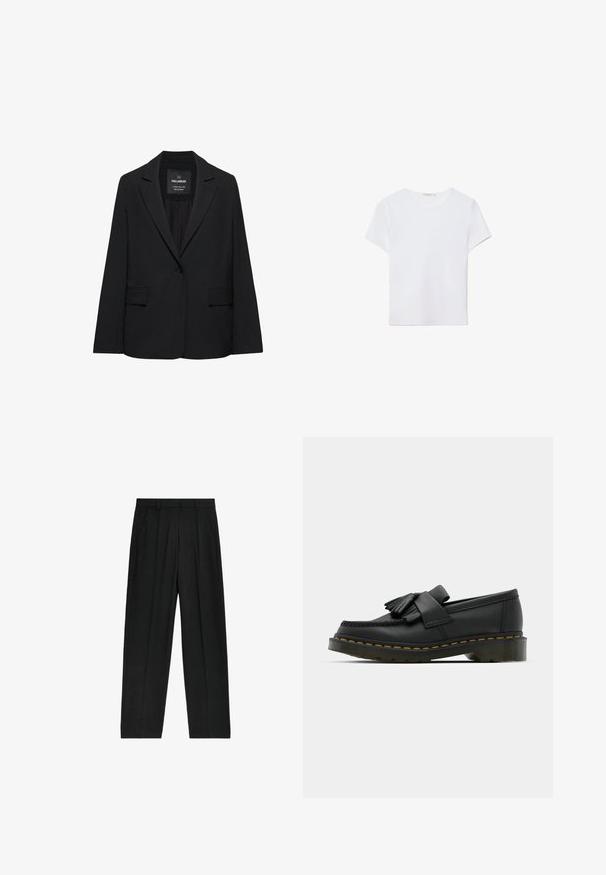 Sort skræddersyet blazer med enkeltknaplukning, skrå kraver og klaplommer, mærket Pull&Bear, vist på en hvid baggrund.; Hvid kortærmet t-shirt lavet af blødt stof. Har en rund halsudskæring og et simpelt, rent design med en lige underkant.; Sorte, højtaljede bukser med lige ben-design, der har plisseringer og sidelommer, lavet af et letvægtsstof.; Sorte læder loafers med rund tå, der har frynse detaljer og et dekorativt bånd på tværs af fronten, sat på en kraftig hæl.