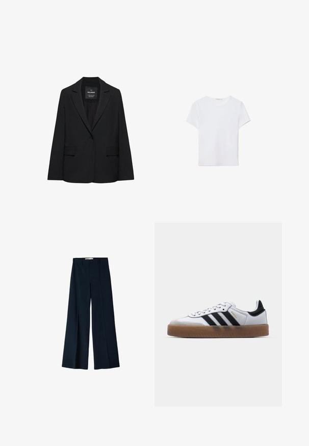 Sort skræddersyet blazer med enkeltknaplukning, skrå kraver og klaplommer, mærket Pull&Bear, vist på en hvid baggrund.; Hvid kortærmet t-shirt lavet af blødt stof. Har en rund halsudskæring og et simpelt, rent design med en lige underkant.; Marineblå bredbensbukser lavet af et glat stof, med to frontfoldninger og en enkelt knaplukning i taljen.; Hvide lædersneakers med sorte striber, gummirubber sål, rund tå, snørelukning og blød grå ruskinds tåhætte.
