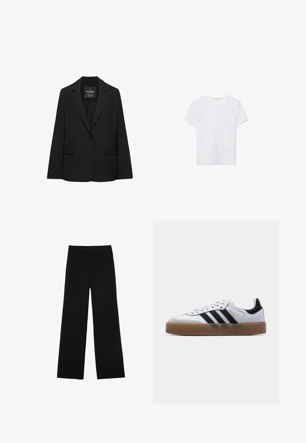 Černé sako na míru s jedním knoflíkem, klopovým límcem se zářezem a kapsami s klopami, značené Pull&Bear, zobrazené na bílém pozadí.; Bílá tričko s krátkým rukávem vyrobené z měkké látky. Má kulatý výstřih a jednoduchý, čistý design s rovnou spodní částí.; Černé kalhoty s širokými nohavicemi, s předním zapínáním na knoflík a zip, s plochým pasem a střihovým střihem.; Bílé kožené tenisky s černými pruhy, gumová podrážka, kulatá špička, šněrovací uzávěr a měkký šedý semišový kryt špičky.