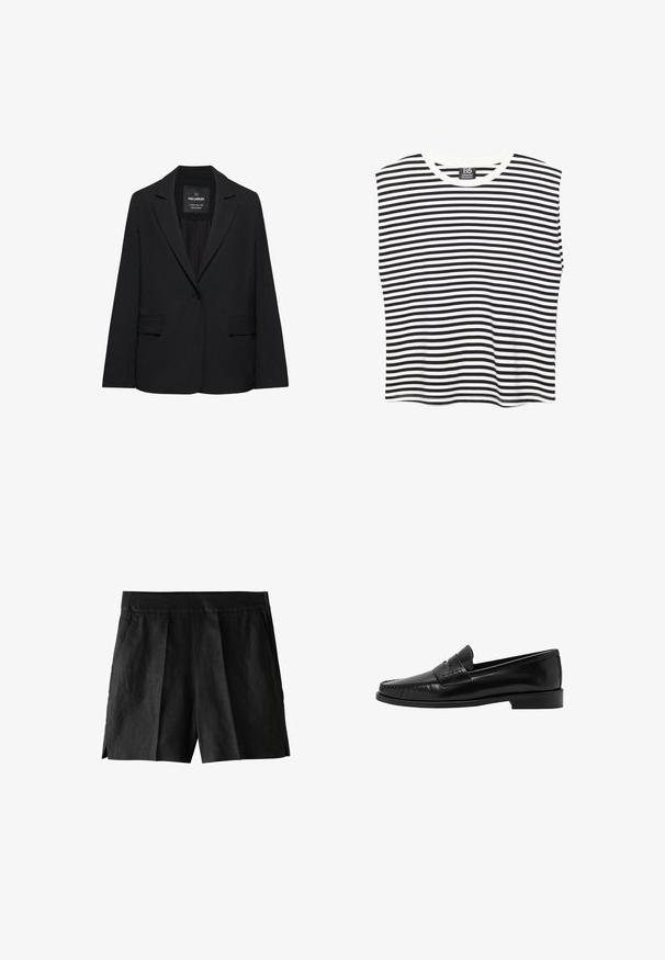 Zwart op maat gemaakte blazer met een enkele knoopsluiting, notch-revers en klepzakken, gelabeld Pull&Bear, weergegeven tegen een witte achtergrond.; Zwart-wit horizontaal gestreept mouwloos topje met ronde hals, plat liggend op een witte achtergrond.; Zwarte linnen shorts met een geplooide voorkant, zijzakken en een ontspannen pasvorm. De stof heeft een gladde textuur en een casual ontwerp.; Mango Instappers - black