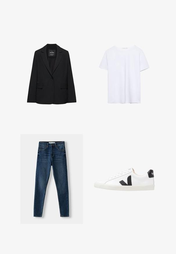 Čierne sako na mieru s jedným gombíkom, výrezmi na klopách a klopovými vreckami, označené značkou Pull&Bear, zobrazené na bielom pozadí.; Hladké biele tričko s krátkym rukávom a okrúhlym výstrihom, s rovnými lemami, vystavené na bielom pozadí.; Tmavomodré denimové skinny džínsy s klasickým päť-pocket dizajnom, zosilneným šitím a zapínaním na gombík. Hladká textúra, bez vzorov.; Biele tenisky s čiernym logom V, vyrobené z hladkej koženej vrchnej časti, s okrúhlou špičkou, šnurovaním a kontrastným čiernym pätovým tabom.