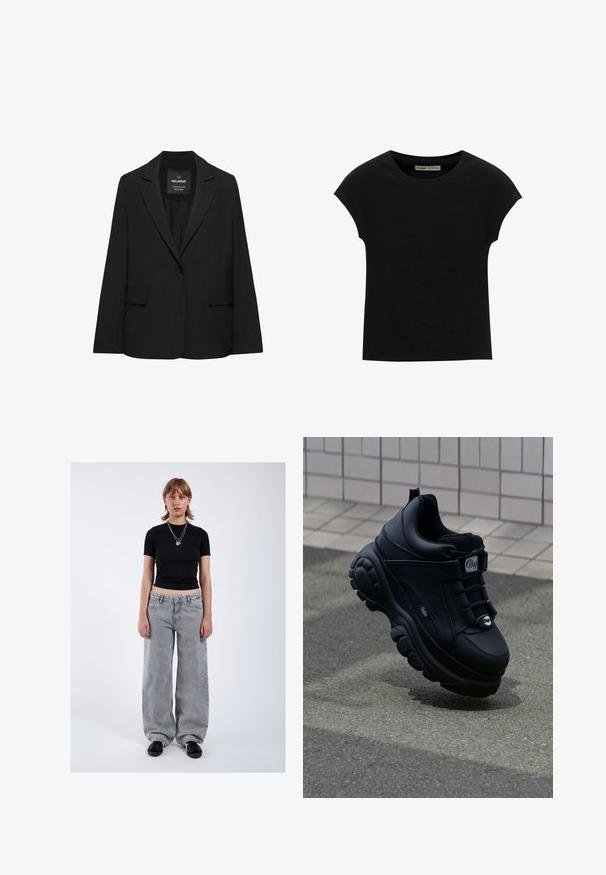 Zwart op maat gemaakte blazer met een enkele knoopsluiting, notch-revers en klepzakken, gelabeld Pull&Bear, weergegeven tegen een witte achtergrond.; Zwart T-shirt met korte mouwen en een ronde halslijn. Gemaakt van soepel, rekbaar katoenen stof. Eenvoudig ontwerp zonder patronen of afbeeldingen.; Een jong persoon staat met het gezicht naar voren, draagt een nauwsluitend zwart cropped shirt, losse grijze jeans, zwarte sneakers en twee zilveren kettingen.; Zwarte chunky sneakers met een gladde leren afwerking, vetersluiting aan de voorkant, gevoerde zool en een reliëflogo op de zijkant. Gezichtsopvlakte zichtbaar.