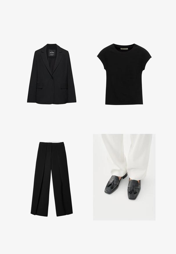 Blazer noir sur mesure avec fermeture à un bouton, revers crantés et poches à rabat, étiquette Pull&Bear, présenté sur fond blanc.; T-shirt noir à manches courtes avec un col rond. Confectionné en coton lisse et extensible. Design simple sans motifs ni graphismes.; Pantalons larges noirs avec un design plissé, fabriqués en tissu lisse. Présentent une taille structurée et des lignes épurées, taillées.; Mocassins en cuir noir avec pampilles, présentant des bouts carrés et des coutures décoratives, assortis à un pantalon blanc à jambes larges.