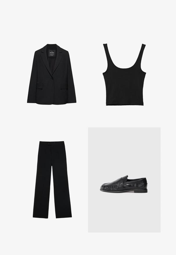 Blazer noir sur mesure avec fermeture à un bouton, revers crantés et poches à rabat, étiquette Pull&Bear, présenté sur fond blanc.; Débardeur noir court avec de larges bretelles, fabriqué à partir d'un matériau doux, présentant une texture lisse et un design minimaliste.; Pantalons noirs à jambes larges en tissu lisse, dotés d'une fermeture à bouton à l'avant et de deux plis pour un détail supplémentaire. Design ajusté dans l'ensemble.; Mocassins en cuir noir avec un bout rond, présentant des détails froncés à l'avant et un talon plat. Texture lisse, design minimaliste.