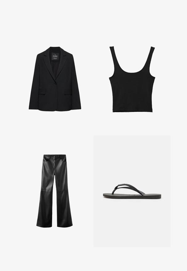 Blazer noir sur mesure avec fermeture à un bouton, revers crantés et poches à rabat, étiquette Pull&Bear, présenté sur fond blanc.; Débardeur noir court avec de larges bretelles, fabriqué à partir d'un matériau doux, présentant une texture lisse et un design minimaliste.; Pantalon noir en cuir synthétique avec jambes larges évasées, fermeture à boutons et zip à l’avant, passants pour ceinture et poches avant.; Des tongs noires avec des brides texturées et une semelle en caoutchouc plate. Les brides présentent un léger reflet brillant.