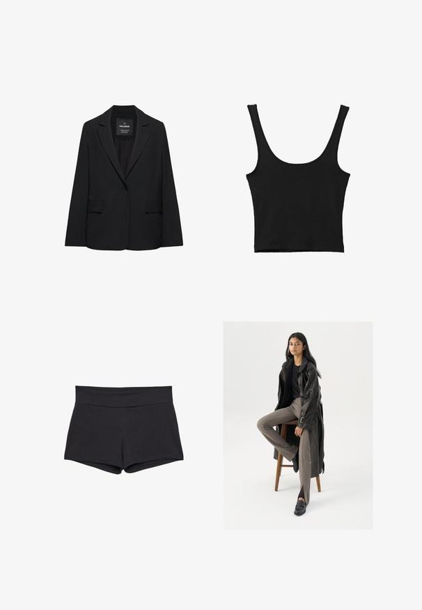 Blazer noir sur mesure avec fermeture à un bouton, revers crantés et poches à rabat, étiquette Pull&Bear, présenté sur fond blanc.; Débardeur noir court avec de larges bretelles, fabriqué à partir d'un matériau doux, présentant une texture lisse et un design minimaliste.; Shorts noirs ajustés avec une large ceinture, fabriqués dans un tissu doux et extensible. Les ourlets sont lisses sans fermetures ni motifs visibles.; Manteau trench en cuir noir avec des boutons et une ceinture, associé à un pantalon ajusté marron clair et des mocassins noirs, assis sur un tabouret en bois.