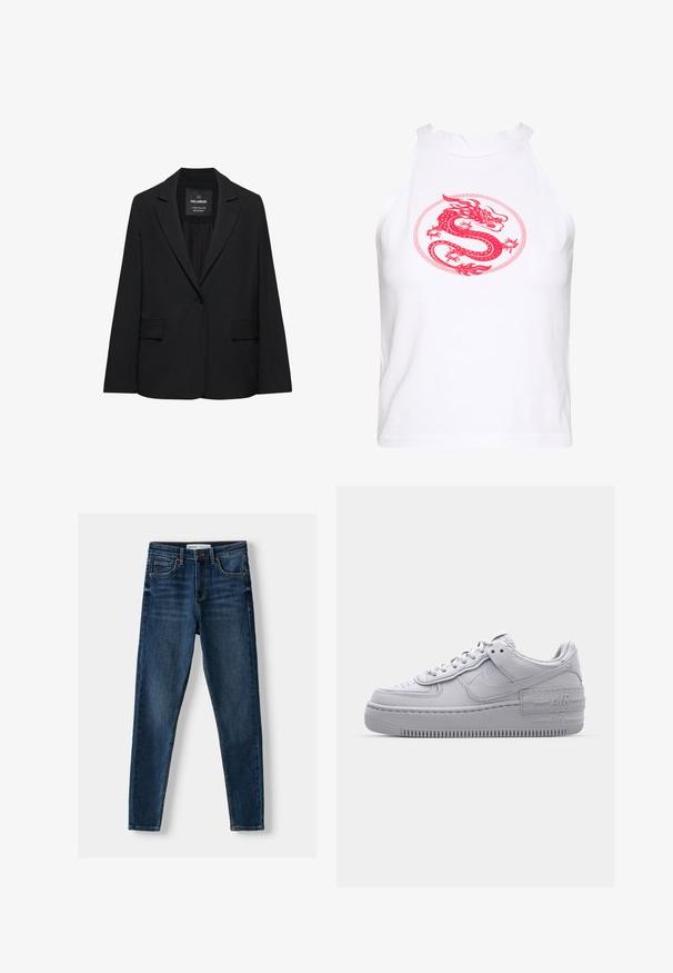 Zwart op maat gemaakte blazer met een enkele knoopsluiting, notch-revers en klepzakken, gelabeld Pull&Bear, weergegeven tegen een witte achtergrond.; Witte mouwloze crop top met een opvallende rode draak graphic binnen een cirkelvormige omtrek. Glad katoenmateriaal met een hoge halslijn.; Donkerblauwe denim skinny jeans met een klassiek vijf-pocket ontwerp, versterkte stiksels en een knoopsluiting. Gladde textuur, geen patronen.; Grijze Nike Air Force 1 sneaker met geperforeerde neus, glad leren bovenwerk, dikke zool en verhoogde 'AIR' details op de hiel.