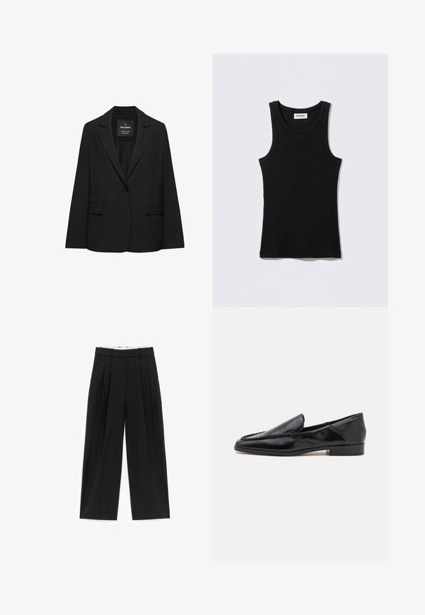 Schwarzer taillierter Blazer mit Ein-Knopf-Verschluss, Revers mit Kerbe und Pattentaschen, mit dem Etikett Pull&Bear, auf weißem Hintergrund dargestellt.; Schwarzes Tanktop aus Baumwolle mit rundem Ausschnitt und schmalen Trägern. Schlichtes Design, keine Muster oder Verzierungen sichtbar.; Schwarze Hosen mit weitem Bein, vorderen Falten, Gürtelschlaufen und Seitentaschen, für eine taillierte Passform gefertigt.; Schwarze Lederloafers mit glatter Oberfläche, die ein gesticktes Design entlang der vorderen Kante und einen niedrigen, quadratischen Absatz aufweisen.