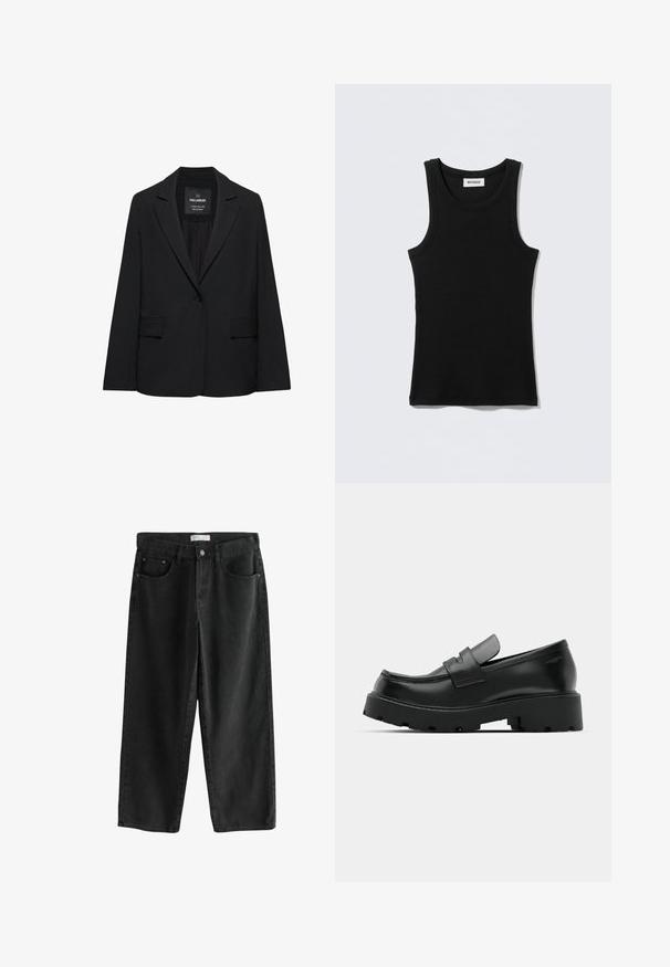 Zwart op maat gemaakte blazer met een enkele knoopsluiting, notch-revers en klepzakken, gelabeld Pull&Bear, weergegeven tegen een witte achtergrond.; Zwart katoenen tanktop met een ronde halslijn en smalle bandjes. Eenvoudig ontwerp, zonder patronen of accenten zichtbaar.; Zwarte wijde denim jeans met een medium taille, voorzien van twee voorzakken, een knoopsluiting en subtiele stikdetails.; Zwarte leren instappers met een chunky, gestructureerde zool, voorzien van een band over de voet en een gladde, gepolijste afwerking.
