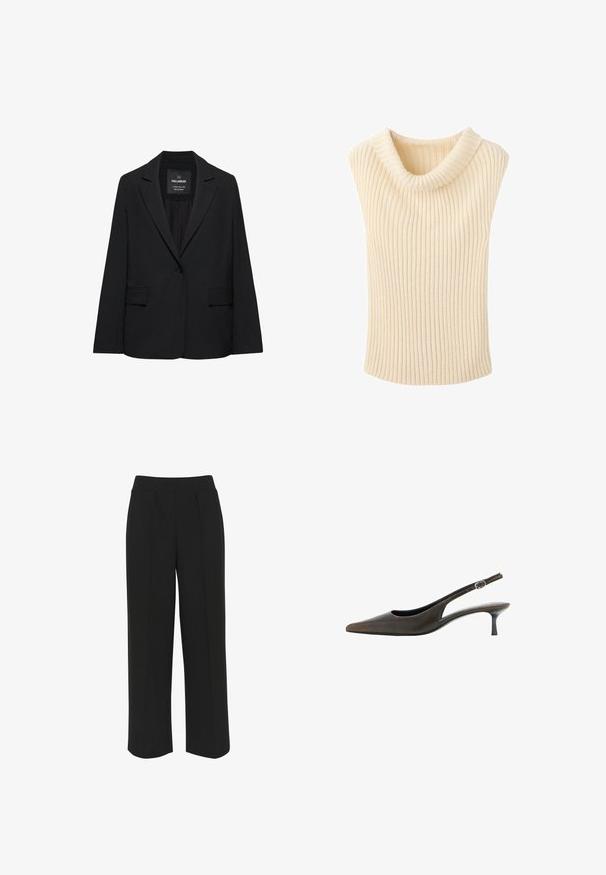 Blazer noir sur mesure avec fermeture à un bouton, revers crantés et poches à rabat, étiquette Pull&Bear, présenté sur fond blanc.; Veste sans manches en tricot côtelé de couleur crème avec un col roulé plié sur fond blanc.; Pantalons larges noirs avec une taille plate, comportant des plis à l'avant et une texture lisse. Pas de poches ni de matériel visible.; Chaussure slingback en cuir noir à bout pointu, petit talon kitten et petite bride réglable avec boucle.