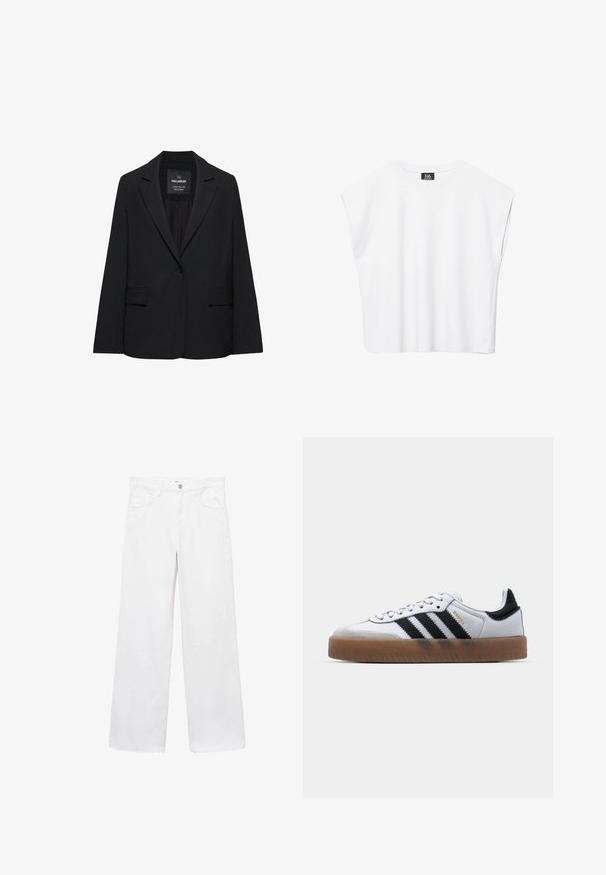 Čierne sako na mieru s jedným gombíkom, výrezmi na klopách a klopovými vreckami, označené značkou Pull&Bear, zobrazené na bielom pozadí.; Biely bezrukávový crop top s okrúhlym výstrihom, širokými ramenami a čiernou nášivkou "B6" vo vnútri goliera.; Biele široké džínsy vyrobené z denimu, s vysokým pásom, dizajnom piatich vreciek, zapínaním na gombík a strapcovým lemom. Hladká textúra po celom povrchu.; Biele kožené tenisky s čiernymi pruhmi, gumová podrážka, okrúhla špička, šnurovanie a mäkký sivý semišový špička.