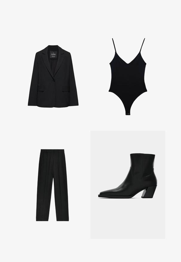 Sort skræddersyet blazer med enkeltknaplukning, skrå kraver og klaplommer, mærket Pull&Bear, vist på en hvid baggrund.; Sort heldragtsbadetøj med v-hals, tynde stropper og sømløst design. Har en lav ryg og trykknaplukning nederst. Glat tekstur.; Sorte, højtaljede bukser med lige ben-design, der har plisseringer og sidelommer, lavet af et letvægtsstof.; Sortlæder ankelstøvle med spids tå, en slank silhuet og en kraftig firkantet hæl. Glat tekstur med minimale stikninger.