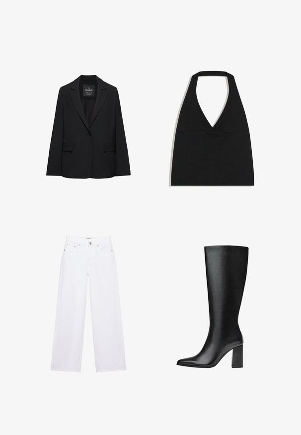Čierne sako na mieru s jedným gombíkom, výrezmi na klopách a klopovými vreckami, označené značkou Pull&Bear, zobrazené na bielom pozadí.; Čierny crop top s halter výstrihom do V s hlbokým výstrihom a širokým remienkom na krku na bielom pozadí.; Biele džínsy s vysokým pásom, širokými nohavicami, zapínaním na gombíky a zips, vreckami vpredu aj vzadu a detailmi zo strieborných nitov.; Čierne vysoké čižmy po kolená vyrobené z umelej kože, s špicatou špičkou, hladkým povrchom a robustným blokovým podpätkom. Minimalistický design bez viditeľných akcentov.