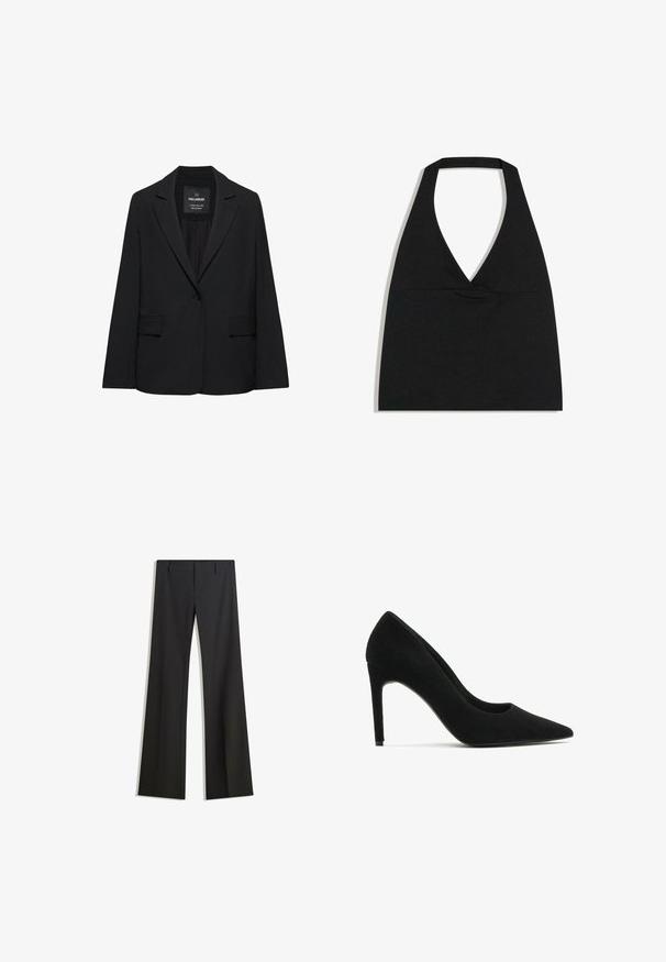 Zwart op maat gemaakte blazer met een enkele knoopsluiting, notch-revers en klepzakken, gelabeld Pull&Bear, weergegeven tegen een witte achtergrond.; Zwarte haltercrop top met diepe V-halslijn en brede nekband tegen een witte achtergrond.; Zwarte, uitlopende broek met een gladde textuur, voorzien van een getailleerde pasvorm en een tailleband. Geen zichtbare patronen of versieringen.; Zwarte suède hoge hakken met een puntige neus, een gladde textuur en een slanke silhoeet; beschikt over een stilettohak en een minimalistisch ontwerp.