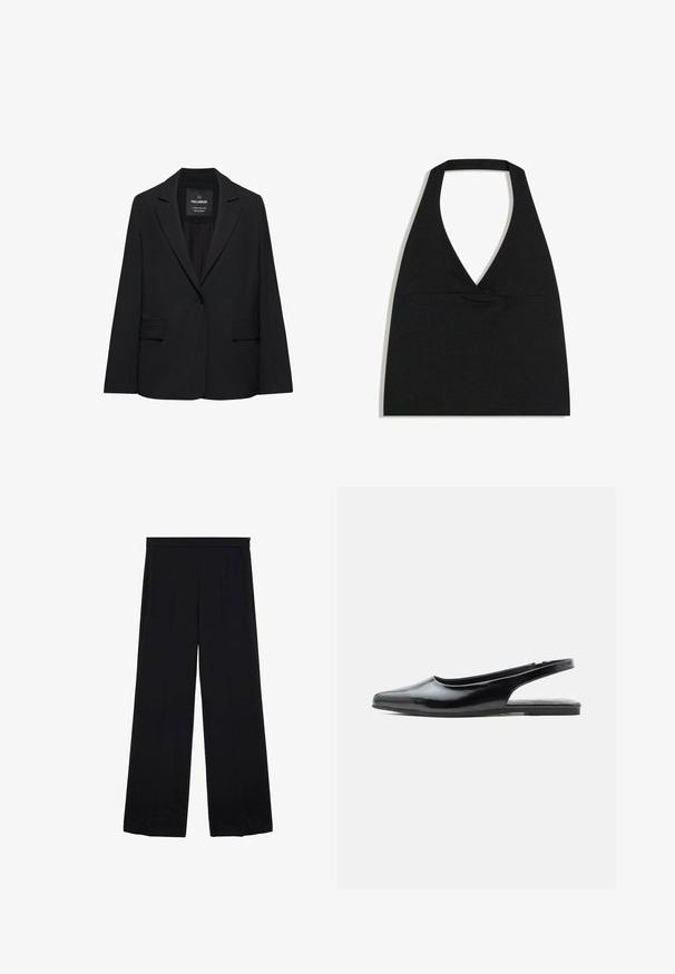 Zwart op maat gemaakte blazer met een enkele knoopsluiting, notch-revers en klepzakken, gelabeld Pull&Bear, weergegeven tegen een witte achtergrond.; Zwarte haltercrop top met diepe V-halslijn en brede nekband tegen een witte achtergrond.; Zwarte wijde broek met een gladde stof, hoge taille en geplooide voorkant, met een schoon, minimalistisch ontwerp zonder patronen of hardware.; Zwarte slingback platte schoen van lakleer met puntige neus en lage hak op een witte achtergrond.