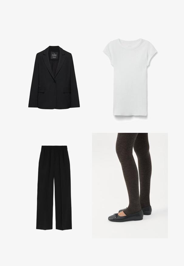 Sort skræddersyet blazer med enkeltknaplukning, skrå kraver og klaplommer, mærket Pull&Bear, vist på en hvid baggrund.; Hvid kortærmet ribbet T-shirt med rund hals, lagt fladt på hvid baggrund, viser forsiden og simpel afslappet stil.; Marks & Spencer WIDE LEG - Bukser - black; Ben iført mørke ribbede leggings kombineret med sorte balletsko med små sløjfedetaljer på hvid baggrund.