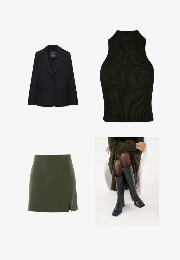 Sort skræddersyet blazer med enkeltknaplukning, skrå kraver og klaplommer, mærket Pull&Bear, vist på en hvid baggrund.; Sort ribbet top uden ærmer med høj krave, med et tætsiddende design og struktureret stof.; Mini nederdel i olivengrøn med tætsiddende design, lige kant og sideslids. Fremstillet i en glat, strækbar stof uden synlige metaldele.; Knæhøje sorte læder støvler med firkantet tå og blokhæl, vist med en model siddende i en olivengrøn frakke. Glat tekstur, minimal detaljer.