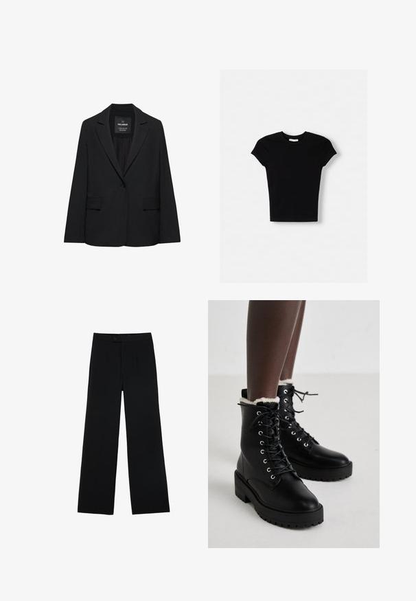Sort skræddersyet blazer med enkeltknaplukning, skrå kraver og klaplommer, mærket Pull&Bear, vist på en hvid baggrund.; Sort kortærmet t-shirt lavet af bomuld. Tætsiddende design, rund hals og glat tekstur. Ingen mønstre eller ekstra hardware synligt.; Sorte vidde bukser lavet af glat stof, med en frontknaplukning og to plissee for ekstra detaljer. Skræddersyet design i det hele taget.; Sorte snørebåndsankelstøvler med kraftige såler og hvid fleeceforing, båret af en person, der står på et lyst gulv.