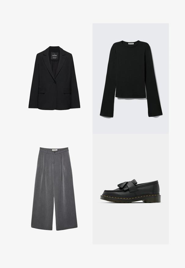 Blazer noir sur mesure avec fermeture à un bouton, revers crantés et poches à rabat, étiquette Pull&Bear, présenté sur fond blanc.; T-shirt noir à manches longues avec col rond, silhouette ajustée et manches légèrement évasées, étiqueté avec la marque "Weekday" au niveau de l'encolure.; Pantalon gris à jambes larges avec plis avant, passants pour ceinture, et fermeture par bouton, confectionné dans un tissu texturé.; Mocassins en cuir noir avec un bout rond, présentant un détail à franges et une bande décorative à l'avant, montés sur un talon épais.