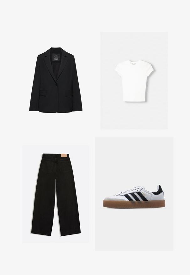 Zwart op maat gemaakte blazer met een enkele knoopsluiting, notch-revers en klepzakken, gelabeld Pull&Bear, weergegeven tegen een witte achtergrond.; Witte t-shirt met korte mouwen van zachte katoen, met een ronde halslijn en een getailleerde vorm. Geen zichtbare patronen of versieringen.; Zwarte jeans met wijde pijpen, van achteren gezien met twee achterzakken en een bruin leren merkpatch op de tailleband.; Witte leren sneakers met zwarte strepen, gumrubberen buitenzool, ronde neus, vetersluiting en een zachte grijze suède neuskap.