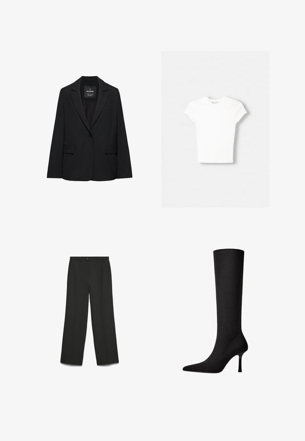 Blazer noir sur mesure avec fermeture à un bouton, revers crantés et poches à rabat, étiquette Pull&Bear, présenté sur fond blanc.; T-shirt blanc à manches courtes en coton doux, avec un col rond et une coupe ajustée. Pas de motifs ni d'ornements visibles.; Pantalons larges noirs en tissu lisse ; dotés d'une fermeture à bouton, d'un devant plat et de deux poches latérales. Design ajusté, sans motifs.; Botte noire montante en tissu lisse avec un bout pointu et un talon aiguille fin. Présente des coutures minimales et un design épuré.
