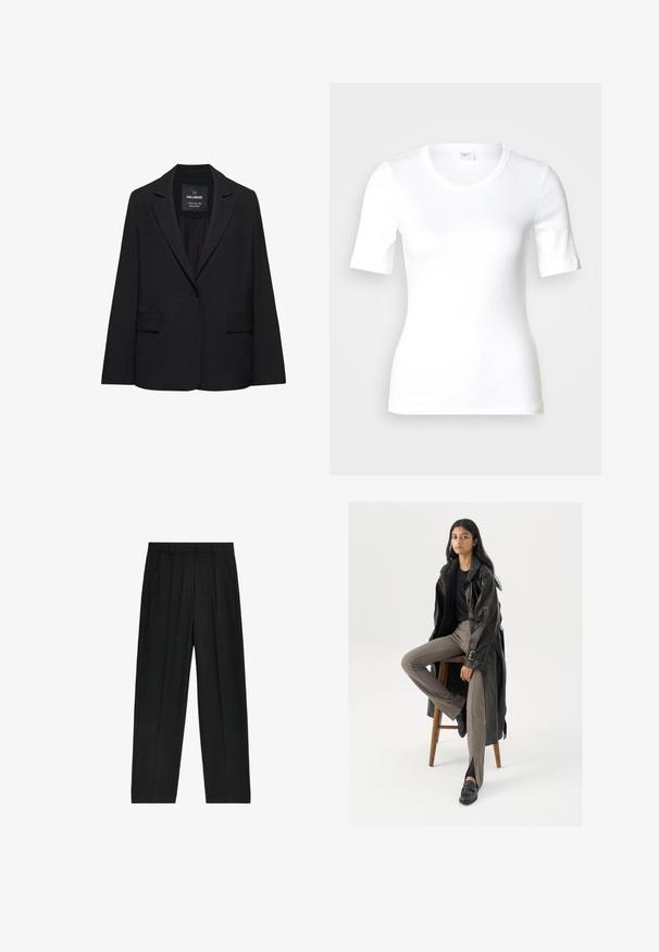 Sort skræddersyet blazer med enkeltknaplukning, skrå kraver og klaplommer, mærket Pull&Bear, vist på en hvid baggrund.; Hvid T-shirt med korte ærmer lavet af glat bomuld, med rund halsudskæring og en tætsiddende pasform. Klassisk design uden mønstre eller detaljer.; Sorte, højtaljede bukser med lige ben-design, der har plisseringer og sidelommer, lavet af et letvægtsstof.; Sort læder trench coat med knapper og bælte detalje, parret med lysebrune tætsiddende bukser og sorte loafers, siddende på en træstol.