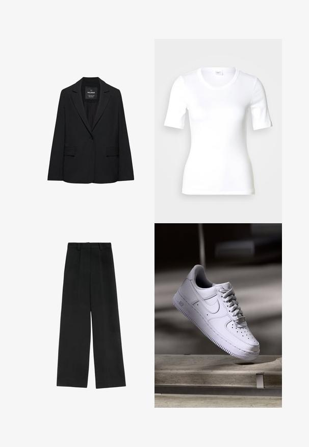 Blazer noir sur mesure avec fermeture à un bouton, revers crantés et poches à rabat, étiquette Pull&Bear, présenté sur fond blanc.; T-shirt blanc à manches courtes en coton lisse, doté d'un col rond et d'une coupe ajustée. Design classique, sans motifs ni accents.; Pantalons larges noirs à taille haute, avec deux plis à l'avant, des passants de ceinture et une texture lisse. Sans poches ni matériel visible.; Baskets Nike Air Force 1 blanches lévitant au-dessus d'une surface en béton avec des ombres dans un cadre minimaliste.
