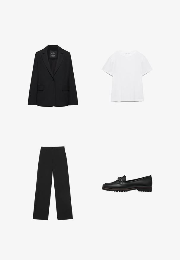 Blazer noir sur mesure avec fermeture à un bouton, revers crantés et poches à rabat, étiquette Pull&Bear, présenté sur fond blanc.; T-shirt blanc uni à manches courtes et col rond, avec un ourlet droit, présenté sur un fond blanc.; Pantalon noir à jambes larges avec bouton et passants pour ceinture, doté d'une taille haute classique et d'une coupe ajustée.; Mocassins en cuir noir avec un accent tressé à l'avant, semelle en caoutchouc plate et détails cousus le long du bord.