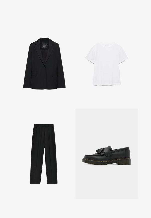 Sort skræddersyet blazer med enkeltknaplukning, skrå kraver og klaplommer, mærket Pull&Bear, vist på en hvid baggrund.; Hvid, kortærmet T-shirt med rund hals og lige kant, vist på en hvid baggrund.; Sorte, højtaljede bukser med lige ben-design, der har plisseringer og sidelommer, lavet af et letvægtsstof.; Sorte læder loafers med rund tå, der har frynse detaljer og et dekorativt bånd på tværs af fronten, sat på en kraftig hæl.