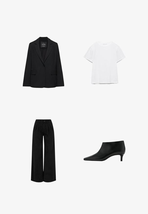 Blazer noir sur mesure avec fermeture à un bouton, revers crantés et poches à rabat, étiquette Pull&Bear, présenté sur fond blanc.; T-shirt blanc uni à manches courtes et col rond, avec un ourlet droit, présenté sur un fond blanc.; Pantalon noir taille haute à jambes larges avec plis devant, fermeture à boutons et passants pour ceinture, présenté sur fond blanc.; Bottine en cuir noir avec bout pointu et petit talon kitten, conçue pour un port élégant et formel.