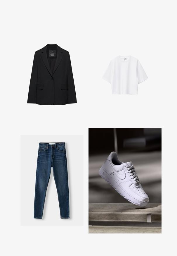 Zwart op maat gemaakte blazer met een enkele knoopsluiting, notch-revers en klepzakken, gelabeld Pull&Bear, weergegeven tegen een witte achtergrond.; Witte cropped T-shirt van zacht katoen met een ronde hals, korte mouwen en een comfortabele pasvorm. Eenvoudig en veelzijdig ontwerp.; Donkerblauwe denim skinny jeans met een klassiek vijf-pocket ontwerp, versterkte stiksels en een knoopsluiting. Gladde textuur, geen patronen.; Witte Nike Air Force 1 sneaker die zweeft boven een betonnen oppervlak met schaduwen in een minimalistische setting.