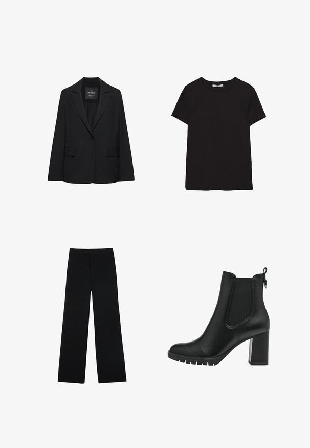 Sort skræddersyet blazer med enkeltknaplukning, skrå kraver og klaplommer, mærket Pull&Bear, vist på en hvid baggrund.; Sort kortærmet t-shirt i bomuld med rund halsudskæring, standard pasform og synlig indvendig halsmærkat.; Sorte vidde bukser lavet af glat stof, med en frontknaplukning og to plissee for ekstra detaljer. Skræddersyet design i det hele taget.; Tamaris CHELSEA - Plateaustøvletter - black