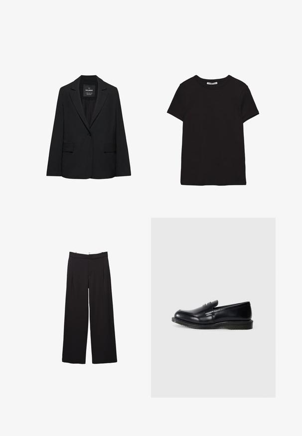 Čierne sako na mieru s jedným gombíkom, výrezmi na klopách a klopovými vreckami, označené značkou Pull&Bear, zobrazené na bielom pozadí.; Čierne krátke bavlnené tričko s okrúhlym výstrihom, štandardným strihom a viditeľnou vnútornou nálepkou na krku.; Čierne nohavice so širokými nohavicami, s prednými záhybmi a pútkami na opasok, prispôsobený strih, stredne vysoký pás a skryté predné zapínanie.; Čierne kožené mokasíny s hladkým povrchom, okrúhlou špičkou a prešitím na priehlavku, s textúrovanou gumovou podrážkou pre lepšie grip.