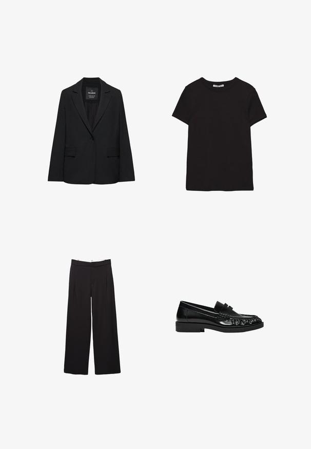Blazer noir sur mesure avec fermeture à un bouton, revers crantés et poches à rabat, étiquette Pull&Bear, présenté sur fond blanc.; T-shirt noir en coton à manches courtes avec encolure ronde, coupe standard et étiquette intérieure visible au niveau du col.; Pantalon large noir à plis avant avec passants pour ceinture, coupe ajustée, taille moyenne, et fermeture avant dissimulée.; Mocassin en cuir noir avec petit talon, bout arrondi, détails cousus et une bride traversant le dessus.