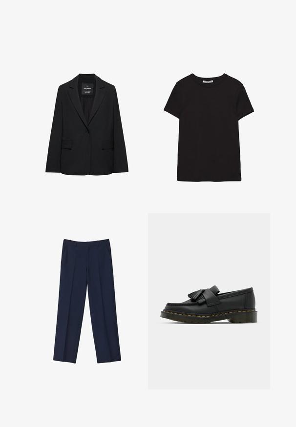 Blazer noir sur mesure avec fermeture à un bouton, revers crantés et poches à rabat, étiquette Pull&Bear, présenté sur fond blanc.; T-shirt noir en coton à manches courtes avec encolure ronde, coupe standard et étiquette intérieure visible au niveau du col.; Pantalon ajusté bleu marine avec une jambe droite, doté de plis devant et de poches latérales. Le tissu semble lisse et structuré.; Mocassins en cuir noir avec un bout rond, présentant un détail à franges et une bande décorative à l'avant, montés sur un talon épais.