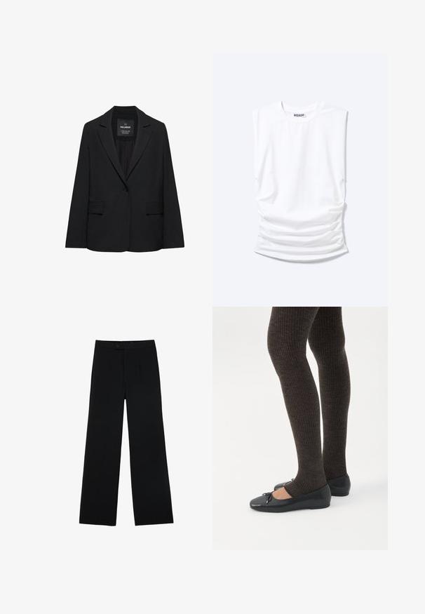 Zwart op maat gemaakte blazer met een enkele knoopsluiting, notch-revers en klepzakken, gelabeld Pull&Bear, weergegeven tegen een witte achtergrond.; Witte mouwloze t-shirt met ronde hals, gevoerde schouders en geplooide zijkanten, plat op een lichte achtergrond gelegd.; Zwarte wijd uitlopende broek met knoop- en ritssluiting aan de voorkant, platte tailleband en een getailleerde pasvorm.; Benen met donkere geribbelde leggings gecombineerd met zwarte ballerina's met kleine strikdetails op een witte achtergrond.