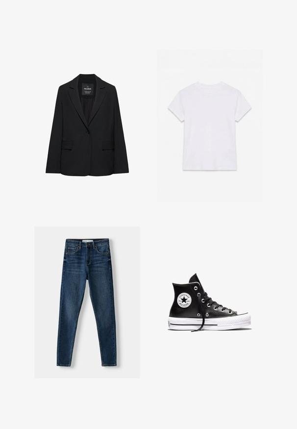 Sort skræddersyet blazer med enkeltknaplukning, skrå kraver og klaplommer, mærket Pull&Bear, vist på en hvid baggrund.; Hvid kortærmet t-shirt i bomuld med rund hals, lagt fladt på en hvid baggrund.; Mørkeblå denim skinny jeans med et klassisk femlomme-design, forstærket syning og knaplukning. Glat tekstur, ingen mønstre.; Sort højtliggende Converse Chuck Taylor All Star sneaker med hvid gummisål og logo-patch på anklen, vist på en hvid baggrund.