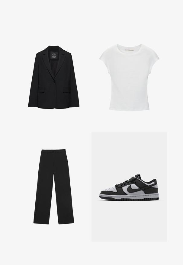 Čierne sako na mieru s jedným gombíkom, výrezmi na klopách a klopovými vreckami, označené značkou Pull&Bear, zobrazené na bielom pozadí.; Biele bavlnené tričko s krátkymi, stočenými rukávmi, okrúhlym výstrihom a rovnou lemovkou. Hladká textúra bez viditeľných vzorov alebo akcentov.; Čierne nohavice s širokými nohavicami, gombíkom a pútkami na opasok, s klasickým vysokým pásom a prispôsobeným strihom.; Čierne a šedé nízke tenisky Nike Dunk s perforovanou špičkou, hladkými koženými akcentmi a gumovou podrážkou so štruktúrovaným dezénom.