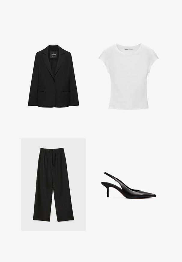 Schwarzer taillierter Blazer mit Ein-Knopf-Verschluss, Revers mit Kerbe und Pattentaschen, mit dem Etikett Pull&Bear, auf weißem Hintergrund dargestellt.; Weißes Baumwoll-T-Shirt mit kurzen, aufgerollten Ärmeln, rundem Ausschnitt und geradem Saum. Glatte Textur ohne sichtbare Muster oder Akzente.; Schwarze weit geschnittene Hose mit elastischem Bund, flach auf einem hellen Hintergrund präsentiert.; NA-KD Pumps - black