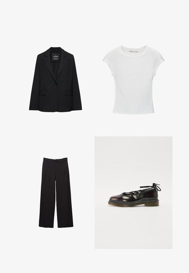 Sort skræddersyet blazer med enkeltknaplukning, skrå kraver og klaplommer, mærket Pull&Bear, vist på en hvid baggrund.; Hvid bomuld t-shirt med korte, opsmøgede ærmer, rund halsudskæring og lige kant. Glat tekstur uden synlige mønstre eller detaljer.; Sorte bukser med vide ben, fordele foran og bæltestropper, skræddersyet pasform, talje i mellemhøjde og skjult lukning foran.; Blanketing mørkerød sko med rund tå, snørebåndsdesign, gummisål og sorte snørebånd, med sølvhardware og synede kanter.