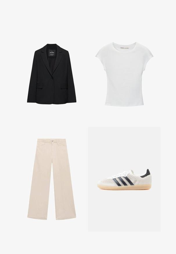 Čierne sako na mieru s jedným gombíkom, výrezmi na klopách a klopovými vreckami, označené značkou Pull&Bear, zobrazené na bielom pozadí.; Biele bavlnené tričko s krátkymi, stočenými rukávmi, okrúhlym výstrihom a rovnou lemovkou. Hladká textúra bez viditeľných vzorov alebo akcentov.; Béžové nohavice s širokým strihom vyrobené z bavlnenej zmesi. Obsahujú predné vrecká a jediný metalový gombík na zapínanie v páse. Hladká štruktúra.; Biele sieťované tenisky s čiernym dizajnom troch pruhov, zaoblenou špičkou a gumovou podrážkou. Majú mäkký opätkový golier a šnurovanie.