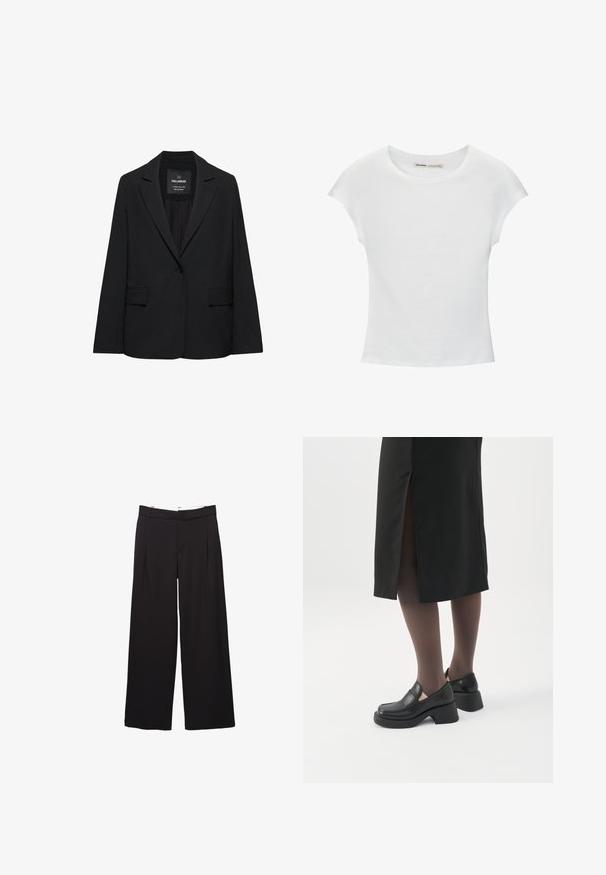 Sort skræddersyet blazer med enkeltknaplukning, skrå kraver og klaplommer, mærket Pull&Bear, vist på en hvid baggrund.; Hvid bomuld t-shirt med korte, opsmøgede ærmer, rund halsudskæring og lige kant. Glat tekstur uden synlige mønstre eller detaljer.; Sorte bukser med vide ben, fordele foran og bæltestropper, skræddersyet pasform, talje i mellemhøjde og skjult lukning foran.; Kvinde iført sorte loafers med chunky hæl, sorte tynde strømpebukser og en sort nederdel med slids bagpå på hvid baggrund.
