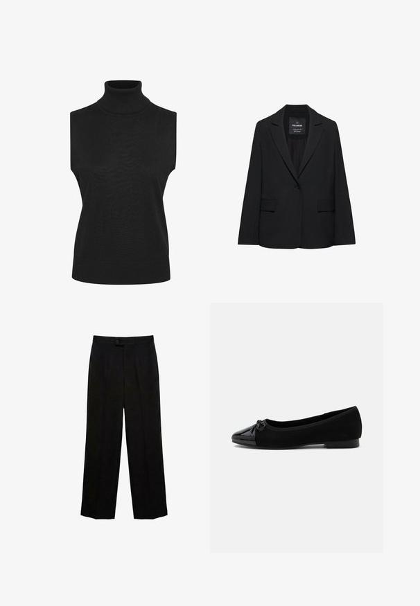 Zwart op maat gemaakte blazer met een enkele knoopsluiting, notch-revers en klepzakken, gelabeld Pull&Bear, weergegeven tegen een witte achtergrond.; Zwarte mouwloze coltrui, gemaakt van ribbelmateriaal, met een getailleerde pasvorm en een hoge hals. Accenten zijn een rechte zoom.; Zwarte rechte pantalon met knoopsluiting en voorplooi, ontworpen voor formeel of kantoor gebruik.; Zwarte ballerina met lakleren neus, klein strikdetail en lage hak op een effen witte achtergrond.